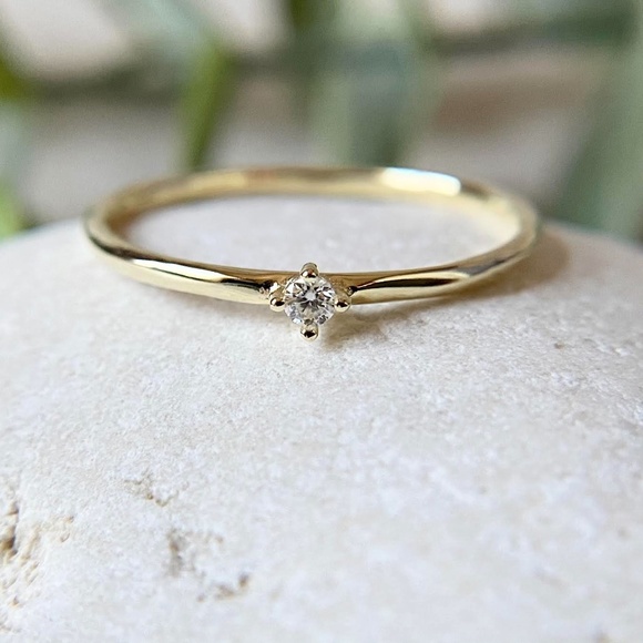 Dainty 14k Gold Plated CZ Ring Dainty Minimal Stacking Ring 925 Sterling Silver - Picture 1 of 4